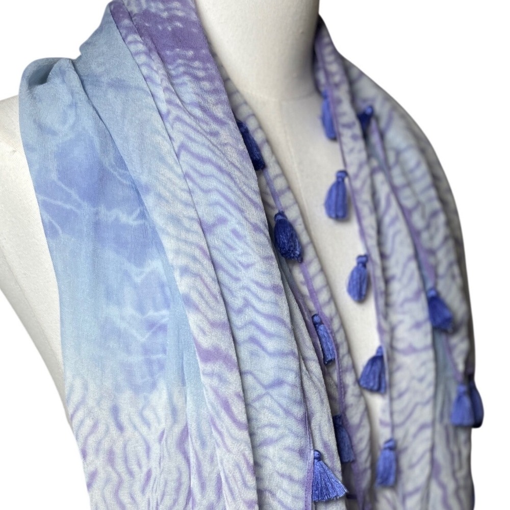 Boho Shibori Tie Dye Tassel Scarf Blue Lavender Lightweight‎ Wrap OS - Picture 9 of 9